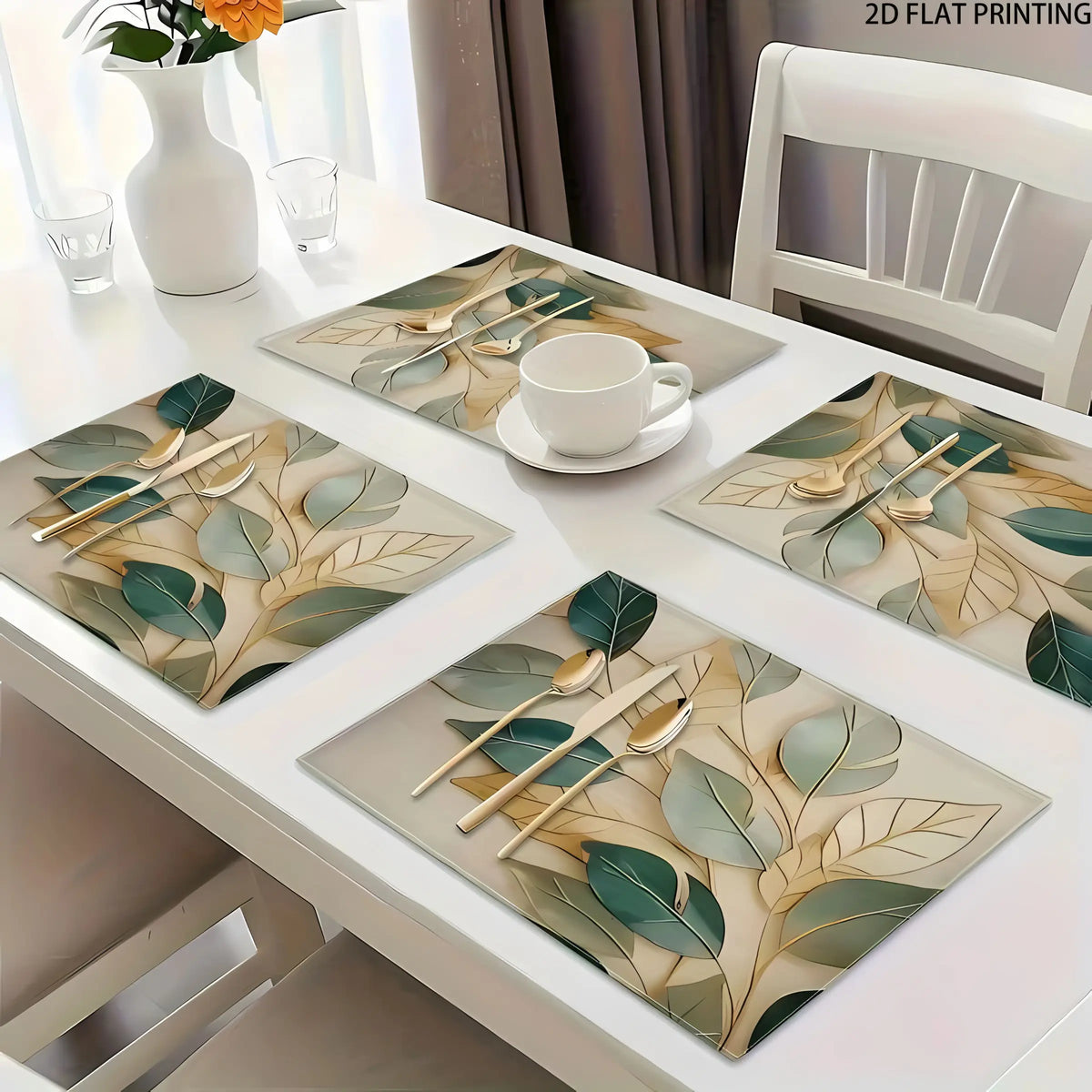 2D flat printing, 2-piece/4-piece/6-piece/8-piece set of Aesthetic leaf pattern dining table boho Cloth placemats, 12x18 inch single-sided 2D printed fabric table mat set, suitable for home decoration and party decoration