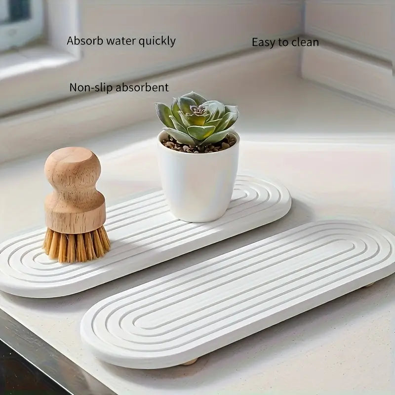 Water-absorbing stone tray for kitchen/bathroom countertops, quick-drying sink rack, Water Absorbent Mat (with wooden feet and natural gourd fiber, gray), Reusable Silicone Mat