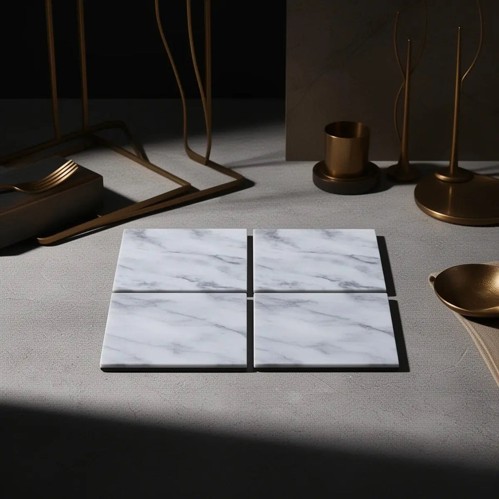 McGowan TT00090 Tempered Glass Tuftop Marble Design Coasters, Set of 4, Tableware, No Assembly Required, Heat Resistant