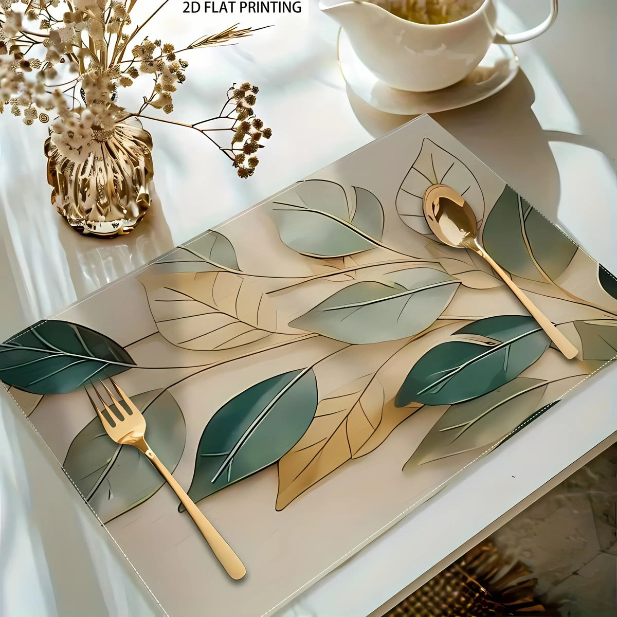 2D flat printing, 2-piece/4-piece/6-piece/8-piece set of Aesthetic leaf pattern dining table boho Cloth placemats, 12x18 inch single-sided 2D printed fabric table mat set, suitable for home decoration and party decoration