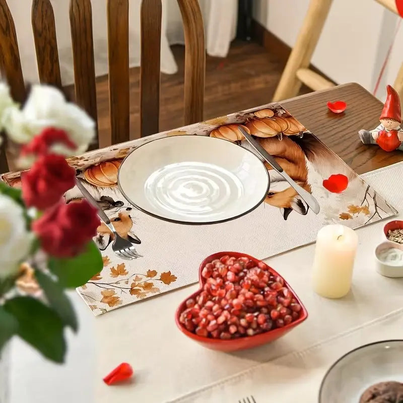 2D flat printing, 2-piece/4-piece/6-piece/8-piece set of autumn fox themed placemats with cute fox and pumpkin designs, including fallen leaf patterns, 12 × 18 inches, suitable for restaurants, kitchens, and various occasions