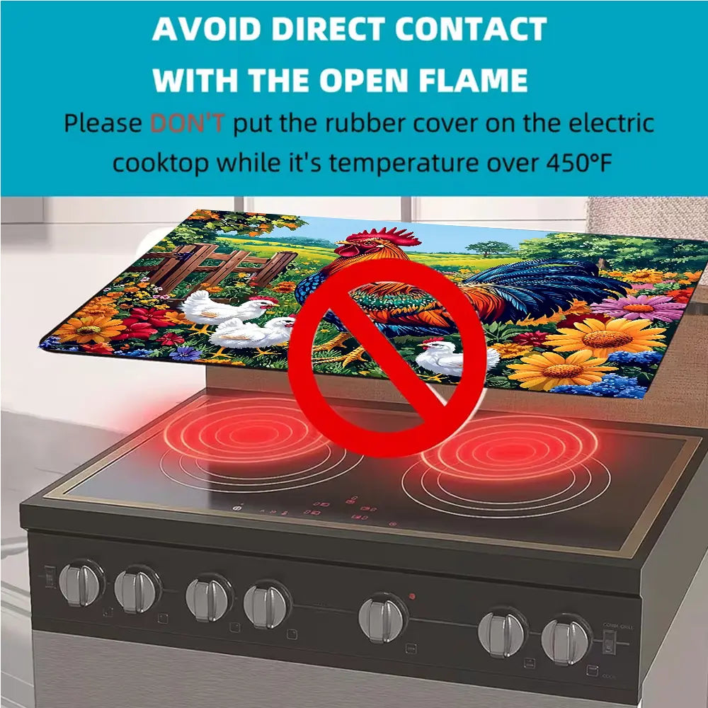 Rectangle Rooster & Rural Scenery Pattern Heat-Resistant Stove Protector Mat - Animals Themed Indoor Home Care Dust Cover, Glass Top Fit, Induction Cooktop Compatible, Easy-Clean Premium Pad, Safety-Ensuring Christmas Gift for Kitchen Appliances