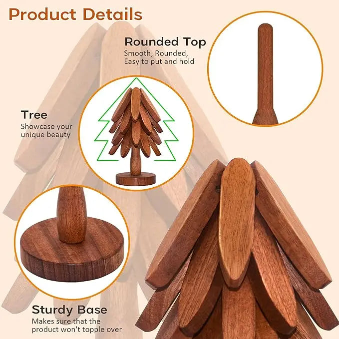 Natural Bamboo Wooden Foldable Trivet Set - 4 Tree Shape Trivets + 1 Stand, Heat Resistant Tableware Coasters for Hot Dishes & Pots, Holiday Gift Kitchenware, Set Includes Unfolded Size Details
