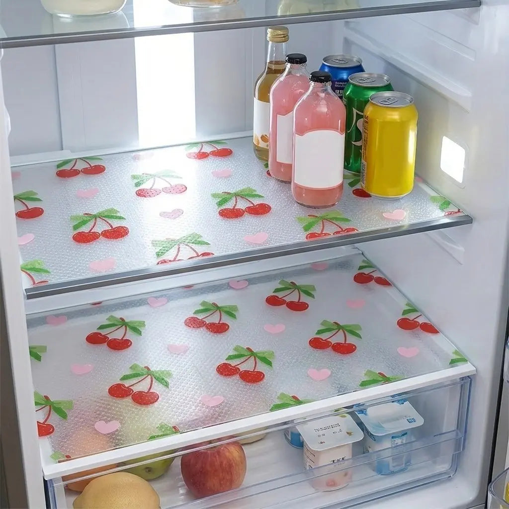 4-Pack/8-Pack Waterproof Refrigerator Shelf Liners, Cherry Pattern, Non-Slip Washable Reusable EVA Mats, Moisture-Resistant Fridge Pads for Kitchen