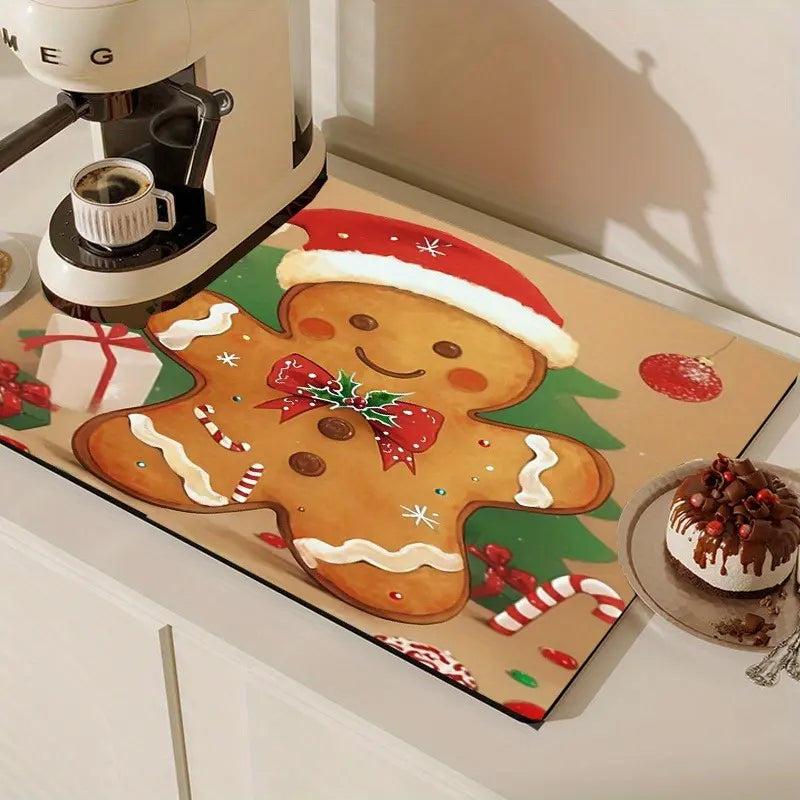Gingerbread for Man Theme Pattern Dish Drying Mat, Heat Insulation, Practical, Easy to Dry, Wipe Clean, for Coffee Machine, Washing Machine, Home Use Coasters Tableware christmas home decor