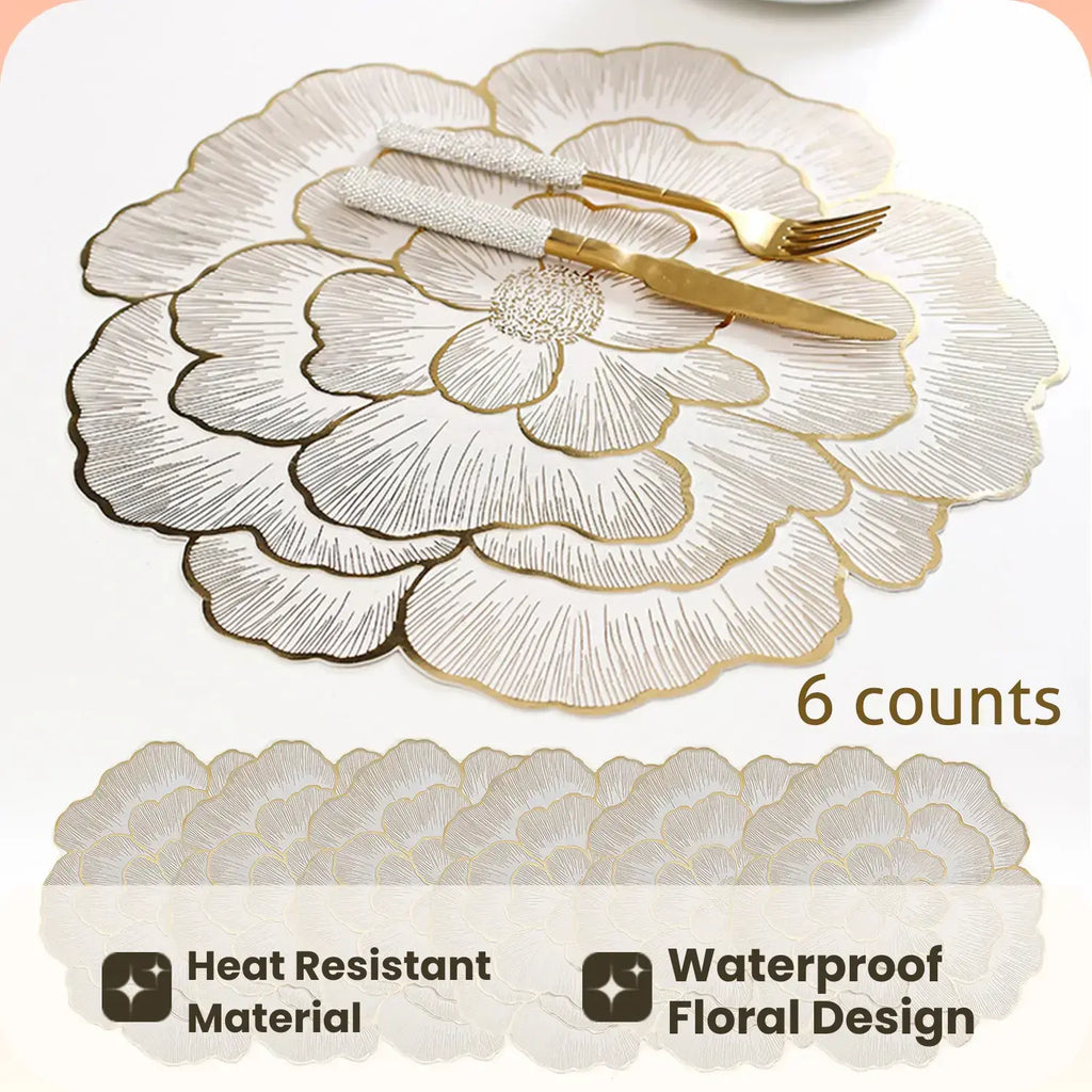 Floral Pattern Placemats, 6 Counts/set Heat-Resistant Non-Slip Dinner Table Mats, Kitchen Decorative Placemat, Kitchen Gadgets, Waterproof Placemat for Home Kitchen, Dining Room or Wedding Party, Valentine's Day Gift, Household Placemat