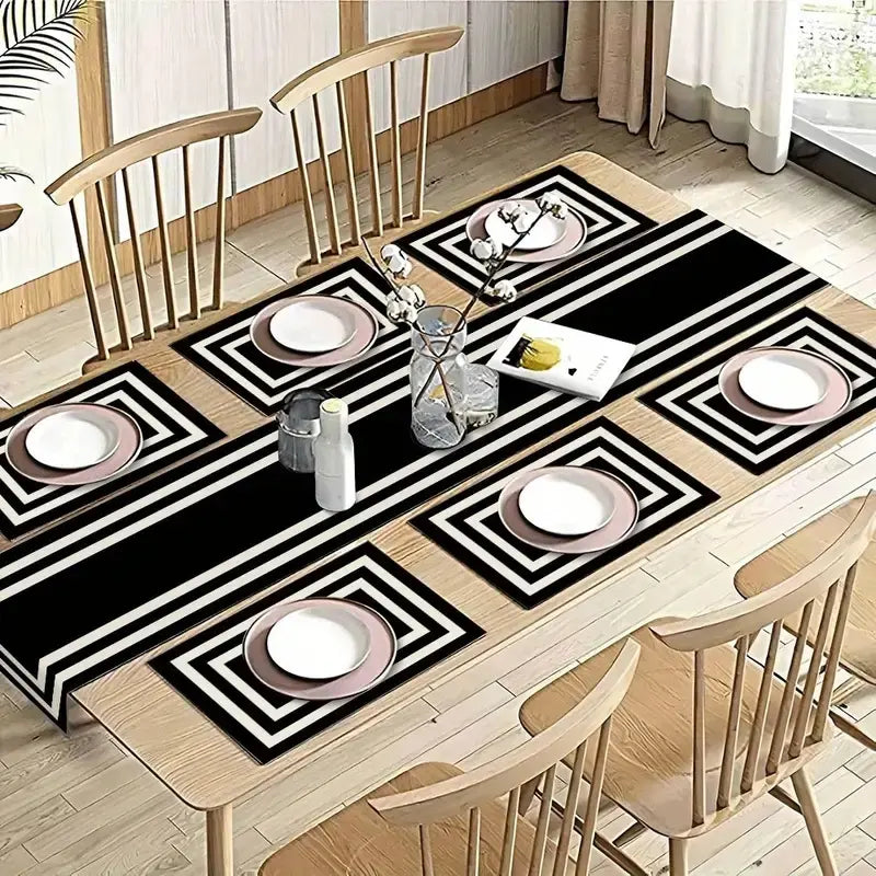 5/7 piece dining table mat set, insulation mat, Placemat, Table placemats, Rectangle, with white border and black pattern, suitable for kitchens, dining tables, living rooms, indoor and outdoor