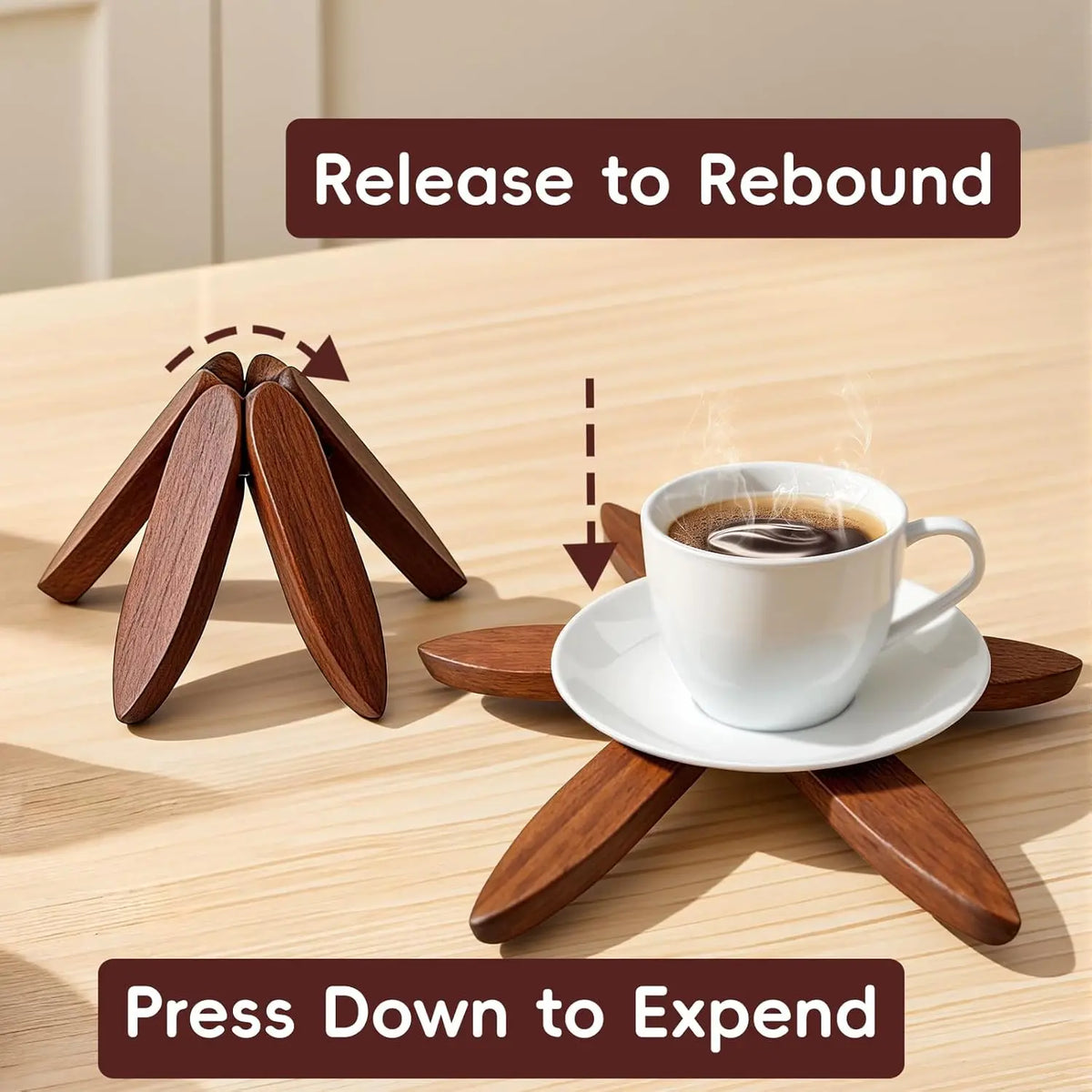 Natural Wood Tree Shape Trivets Set - Heat-Resistant Kitchen Tableware Mats, Foldable Coasters for Hot Dishes, Hot Pots, Holds Cups & Pans, Counter Protection, Holiday Gift