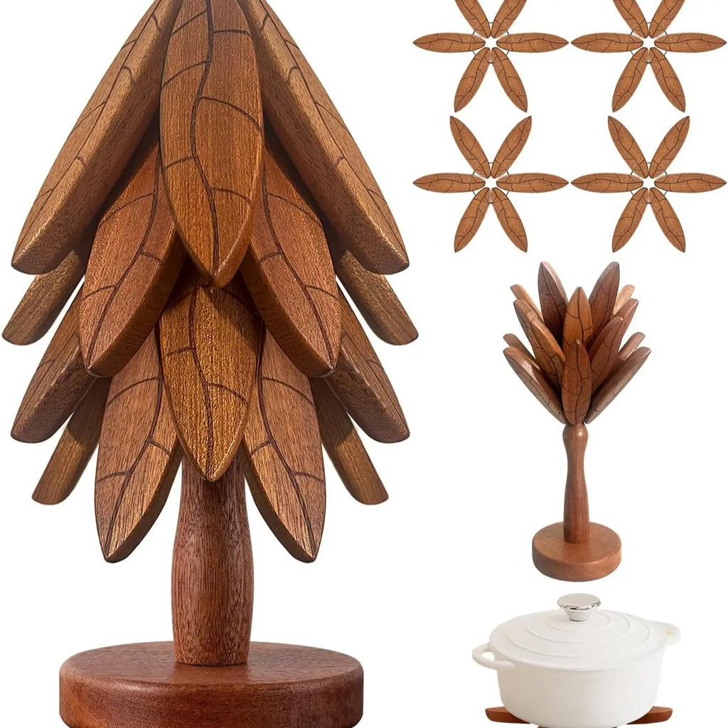 Natural Tree-Shaped Wooden Decorative Trivets Set - 4 Trivets & 1 Stand Keeps Tidy, 450°F Heat Guard Kitchenware, 7.8in High Density Solid Wood Multi-Use Mat for Pots, Pans, Cups, Foldable Textured French Country Birthday Gift Coasters