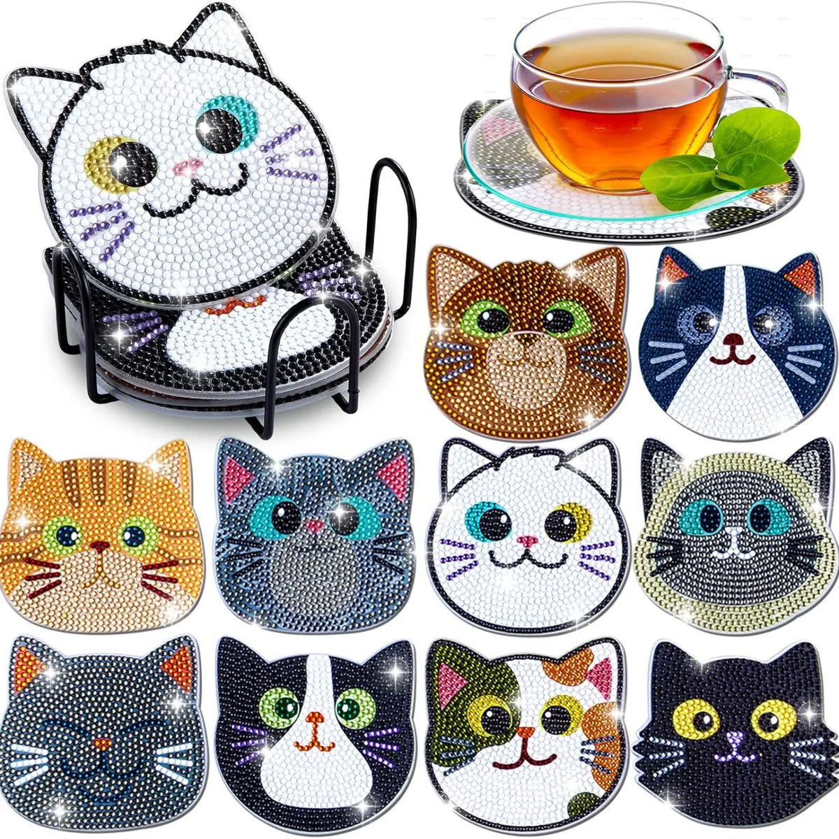 8Pcs/Set Mystical Moon Diamond Art Coasters with Holder,Mystical Moon DIY Coasters for Beginners,Adults,Students,Diamond Art Crafts Supplies,Christmas Party Gifts,Hand Tools Kits