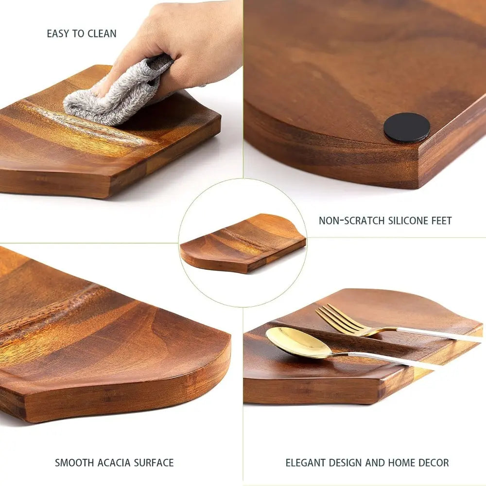 Handcrafted Lightweight Acacia Wood Double Spoon Rest - Natural Grain Organic Wood Kitchen Tableware Holder with Non-Slip Silicone Feet, for Cooking Stove Top, Cutlery, Spatula,sohochic