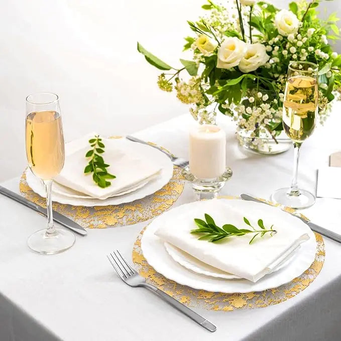 50 Pcs Golden Placemats,13 Inch Round Golden Foil Mesh Pressed Table,Disposable Golden Placemats Set,for Home Decoration,Birthday Party, Wedding, Polyester, Weddings