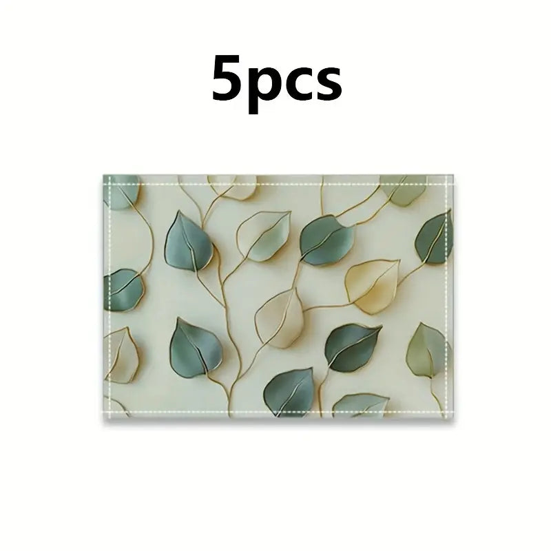 5-Piece Set Handwoven Dining Mats, Leaf Print Rectangular Table Placemats, Aesthetic Home Decor for Dining Room, Boho Placemats Set