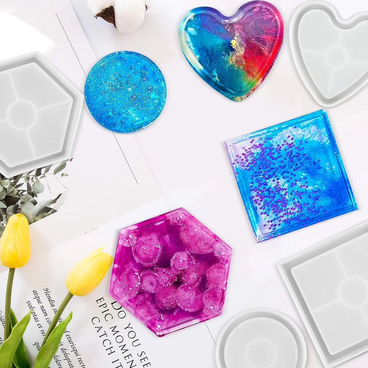 LotFancy Resin Coaster Molds - 5 Pcs Thick Silicone Molds for Resin Casting with 12 Colors Chunky Glitter, Large Round, Square, Hexagon, Heart & Flower Epoxy Molds for DIY Cup Mats, Home Decor & Gifts
