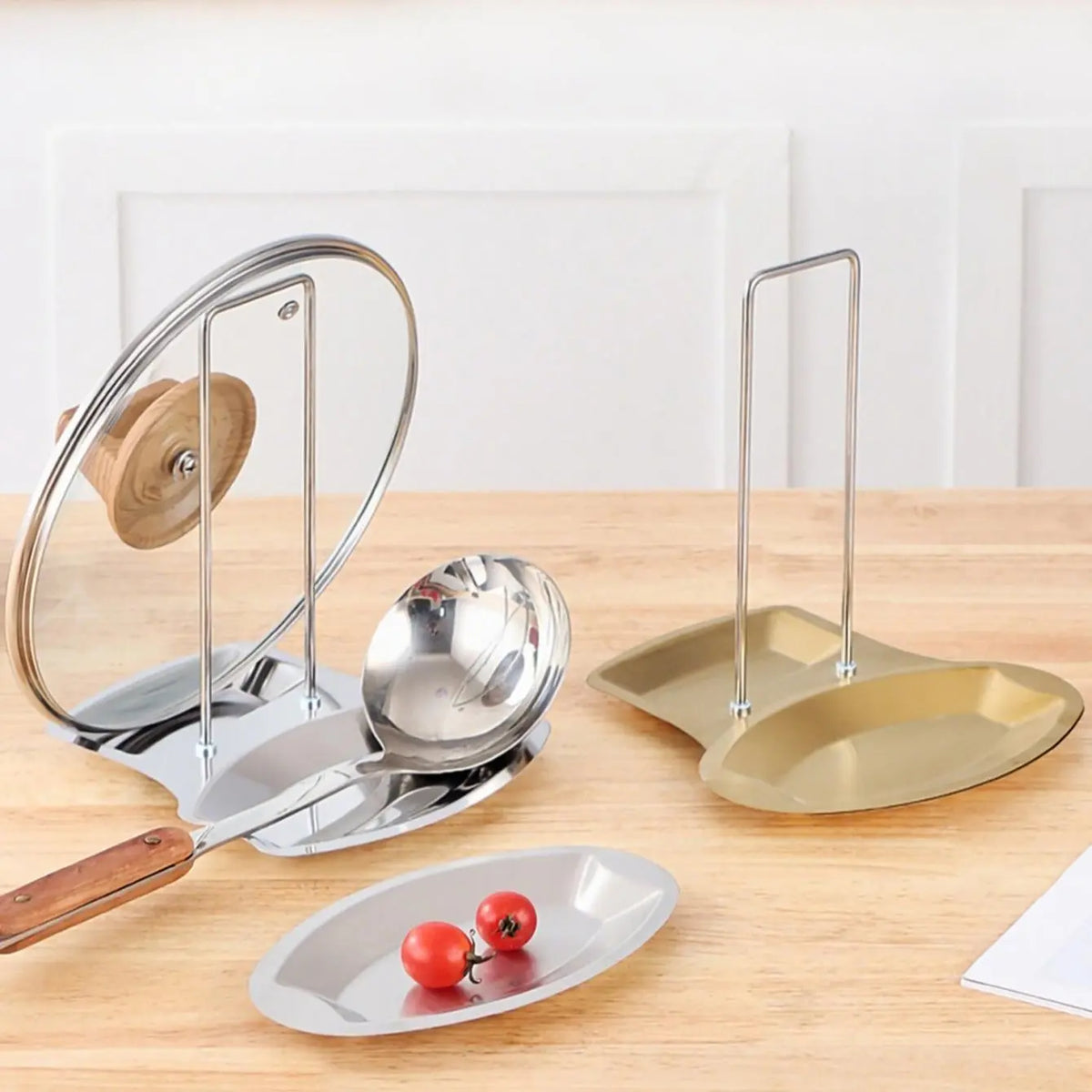 Kitchen Drainable Pot Lid Holder, Stainless Steel Punch-Free Spoon Support, Detachable Frame with Water Tray, Neat Lid Storage Solution