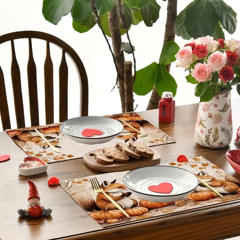 2D flat printing, 2-piece/4-piece/6-piece/8-piece set of autumn fox themed placemats with cute fox and pumpkin designs, including fallen leaf patterns, 12 × 18 inches, suitable for restaurants, kitchens, and various occasions