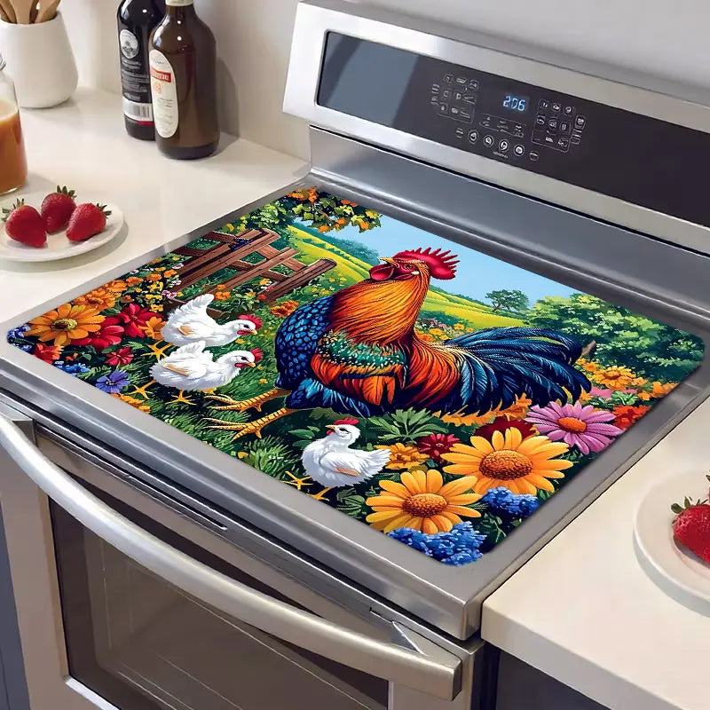 Rectangle Rooster & Rural Scenery Pattern Heat-Resistant Stove Protector Mat - Animals Themed Indoor Home Care Dust Cover, Glass Top Fit, Induction Cooktop Compatible, Easy-Clean Premium Pad, Safety-Ensuring Christmas Gift for Kitchen Appliances