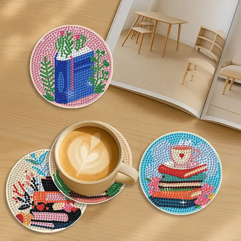 8 Pieces/set Diamond Art Painting Coasters with Stand, DIY Patterned Diamond Art Coaster Craft Supplies for Adults and Beginners, Coffee Table Drink Cup Coasters, Exquisite Gifts