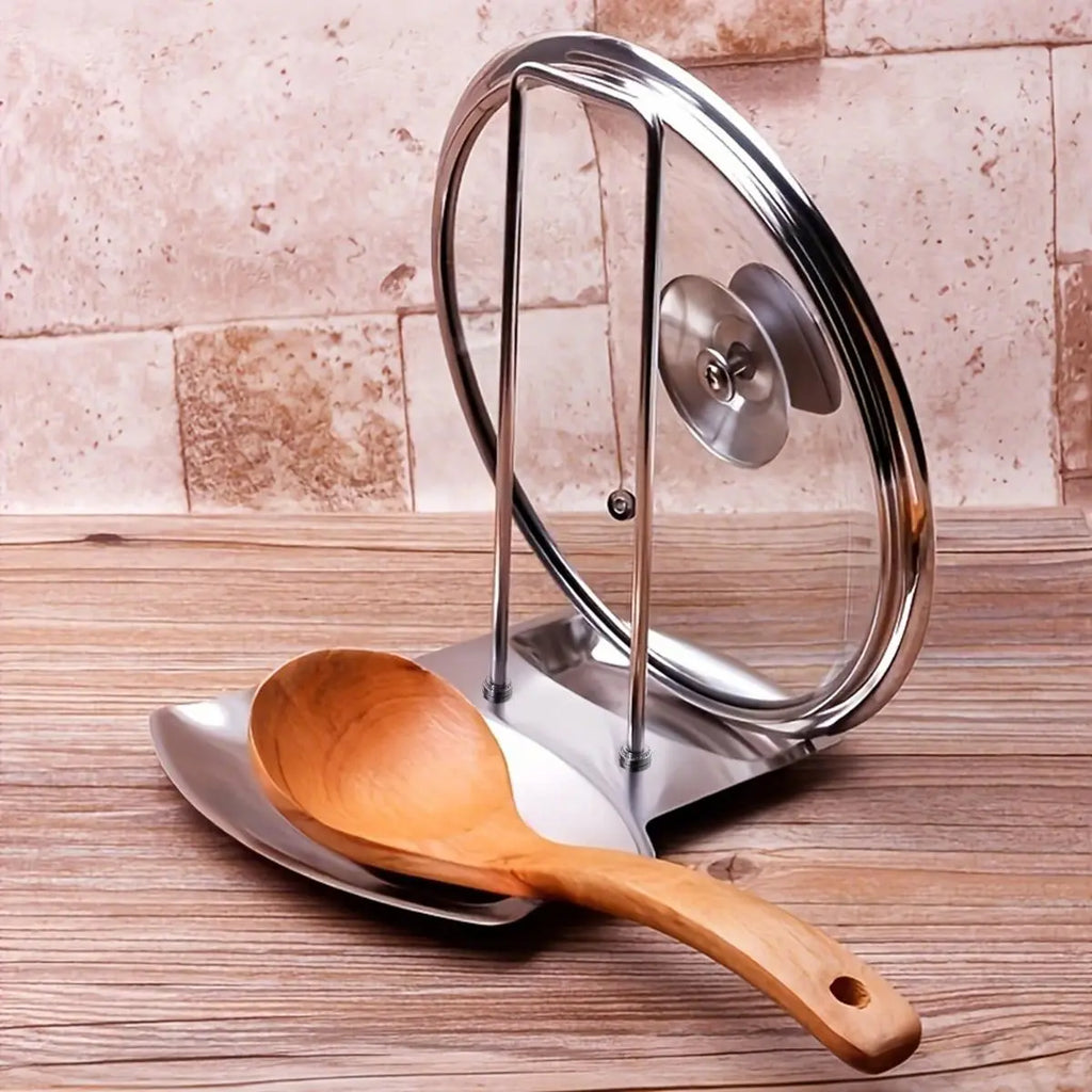 Kitchen Drainable Pot Lid Holder, Stainless Steel Punch-Free Spoon Support, Detachable Frame with Water Tray, Neat Lid Storage Solution