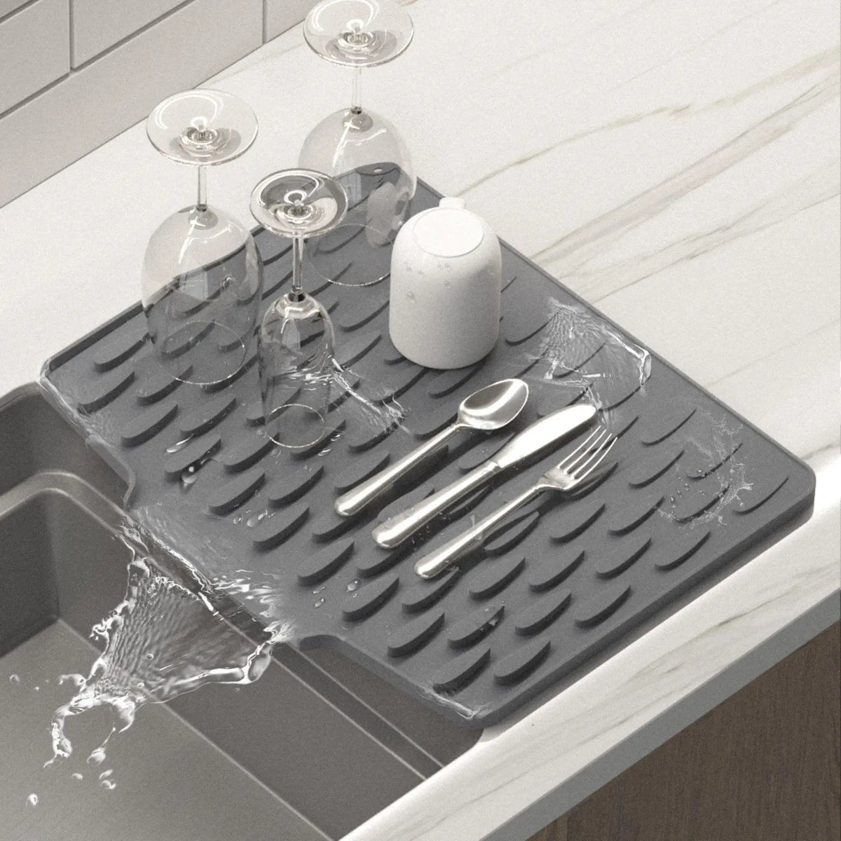 Gray Silicone Rectangle Dish Drying Mat (12.6in*10in, BPA Free) - Kitchen Silicone Trivet with Ridges, Enhanced Ventilation, Roll-Up Storage, Anti-Slip, Fast Drainage, Dishwasher Safe, Bendable Heat-Resistant Mat Shields Counters for Tableware, Durable,so