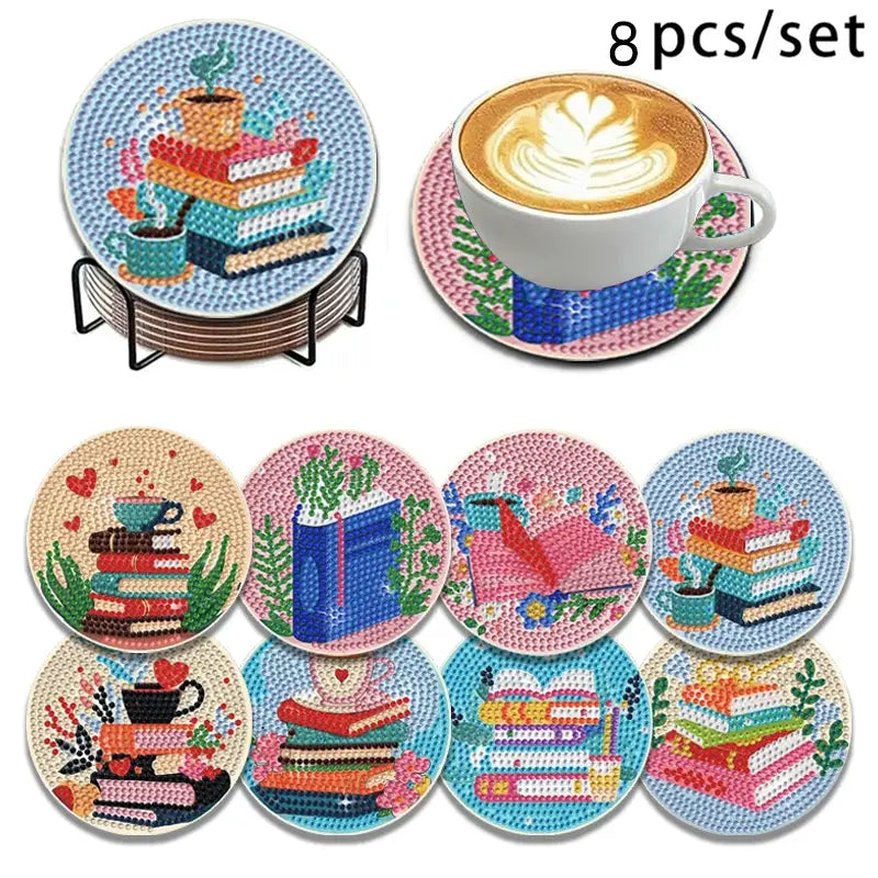 8 Pieces/set Diamond Art Painting Coasters with Stand, DIY Patterned Diamond Art Coaster Craft Supplies for Adults and Beginners, Coffee Table Drink Cup Coasters, Exquisite Gifts