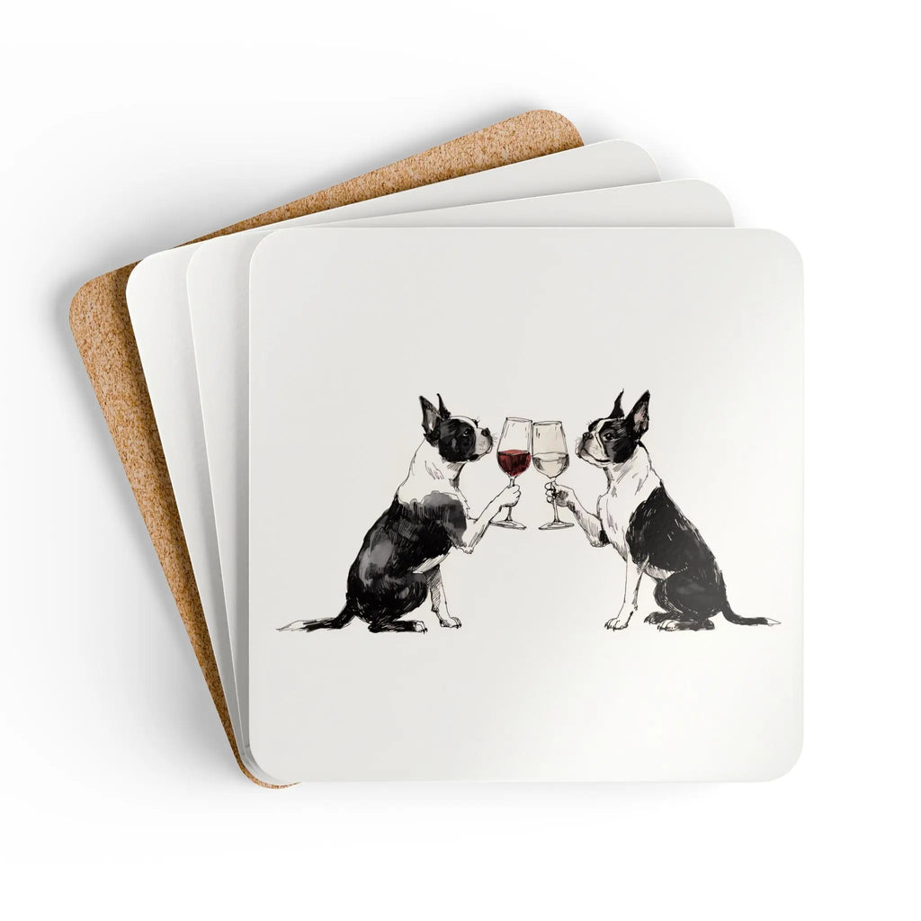 Boston Terriers Watercolour Print Square Coaster Set - 4-Piece 4x4 in Hardboard Base with Gloss Top, Protective Cork, Kitchen Tableware for Coffee Table Use