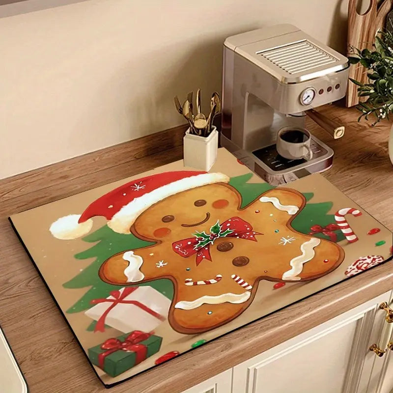 Gingerbread for Man Theme Pattern Dish Drying Mat, Heat Insulation, Practical, Easy to Dry, Wipe Clean, for Coffee Machine, Washing Machine, Home Use Coasters Tableware christmas home decor