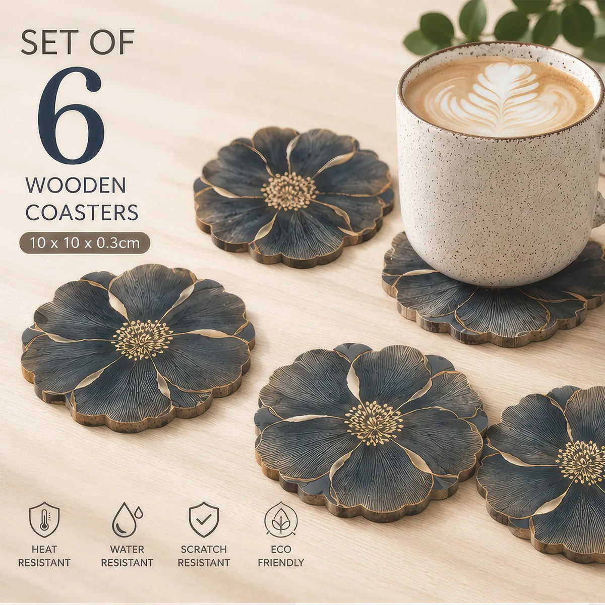 6PCS Minimalist Grey Flower Petal Wood Coasters Set – 4 Inch Round Non-Slip Heat Resistant Wooden Coasters for Drinks for Coffee Table & Shelf Decor – Modern Farmhouse Kitchen Dining Accent Tableware – Reclaimed Wood Home Decor