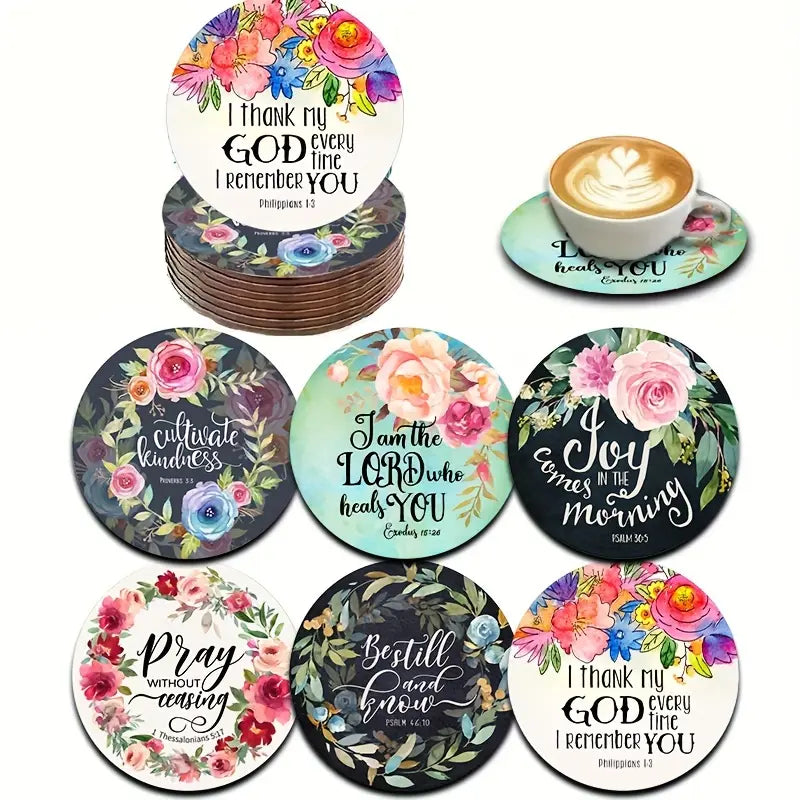 6-piece set of motivational wooden coasters - featuring Bible verses, faith, and spiritual patterns, perfect for coffee, tea, and beverages - perfect for home decor and housewarming gifts Round Coaster Coasters For Drinks