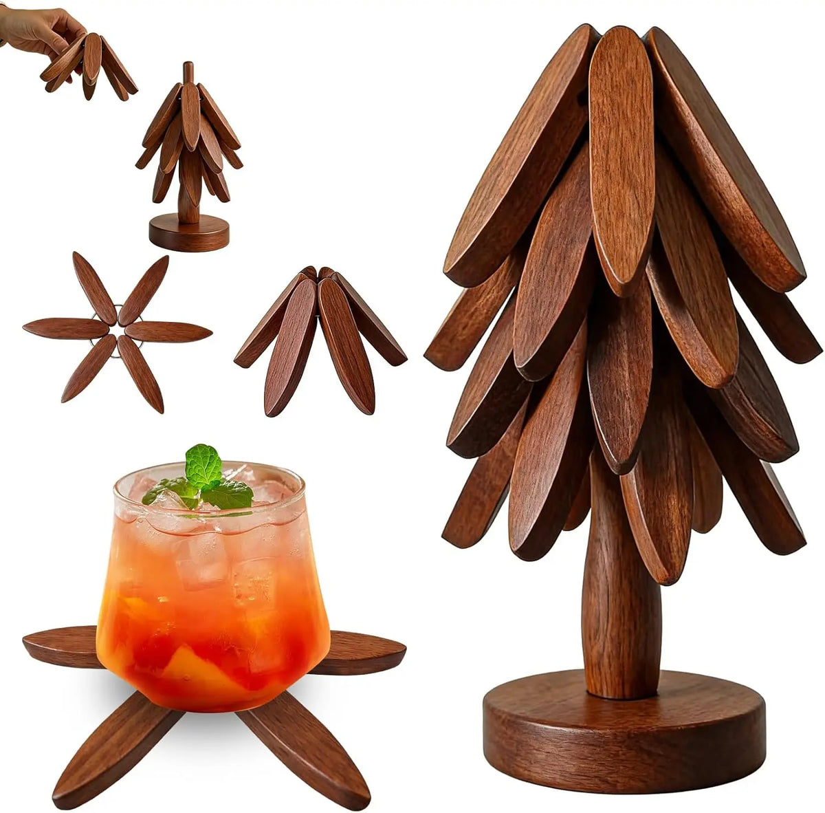 Natural Wood Tree Shape Trivets Set - Heat-Resistant Kitchen Tableware Mats, Foldable Coasters for Hot Dishes, Hot Pots, Holds Cups & Pans, Counter Protection, Holiday Gift