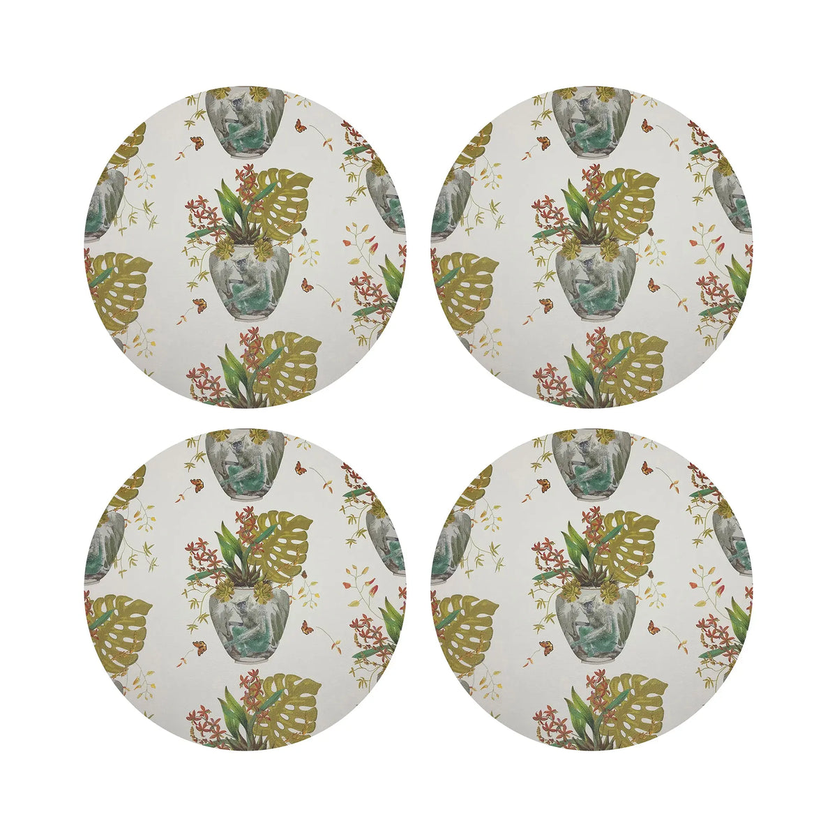 Monkey Small Jungle Vegan Leather Round Coasters