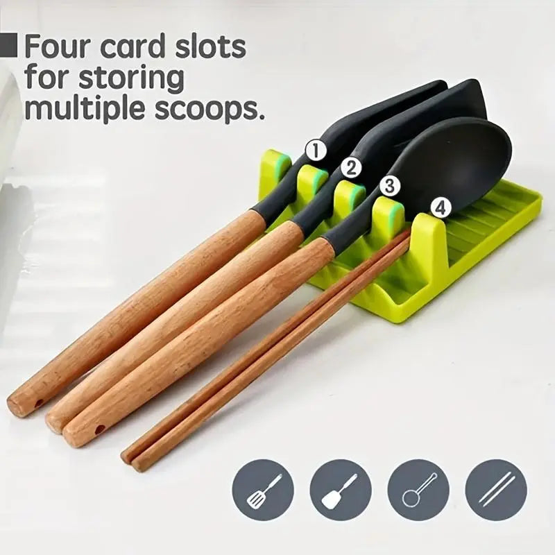 1pc Cooking Utensil Rest, Silicone Spoon Holder, Multiple Kitchen Fork Spoon Holders With 4 Slots And Pot Lid Holder For Kitchen, Keeping Countertops Clean, Spoon Rests, Kitchen Storage Accessories