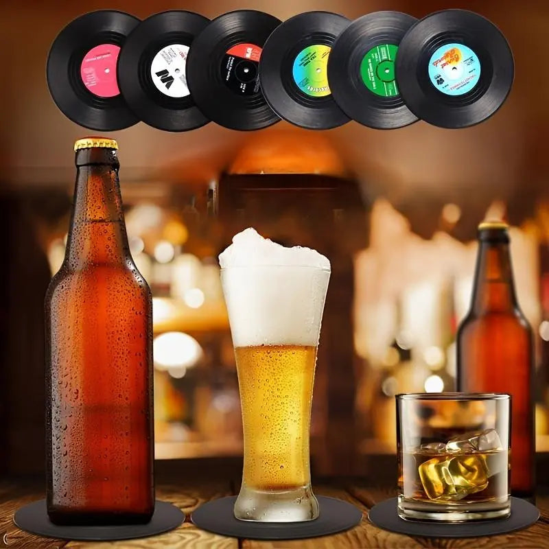 Retro Disc Design Drink Coaster, Round Coaster, Kitchen Coasters, Coasters For Drinks, 6pcs/Set Creative Heat Resistant Non-slip Cup Pads For Home Kitchen Party Table Decor, Kitchen Accessories, Bedroom Decor, Home Decor