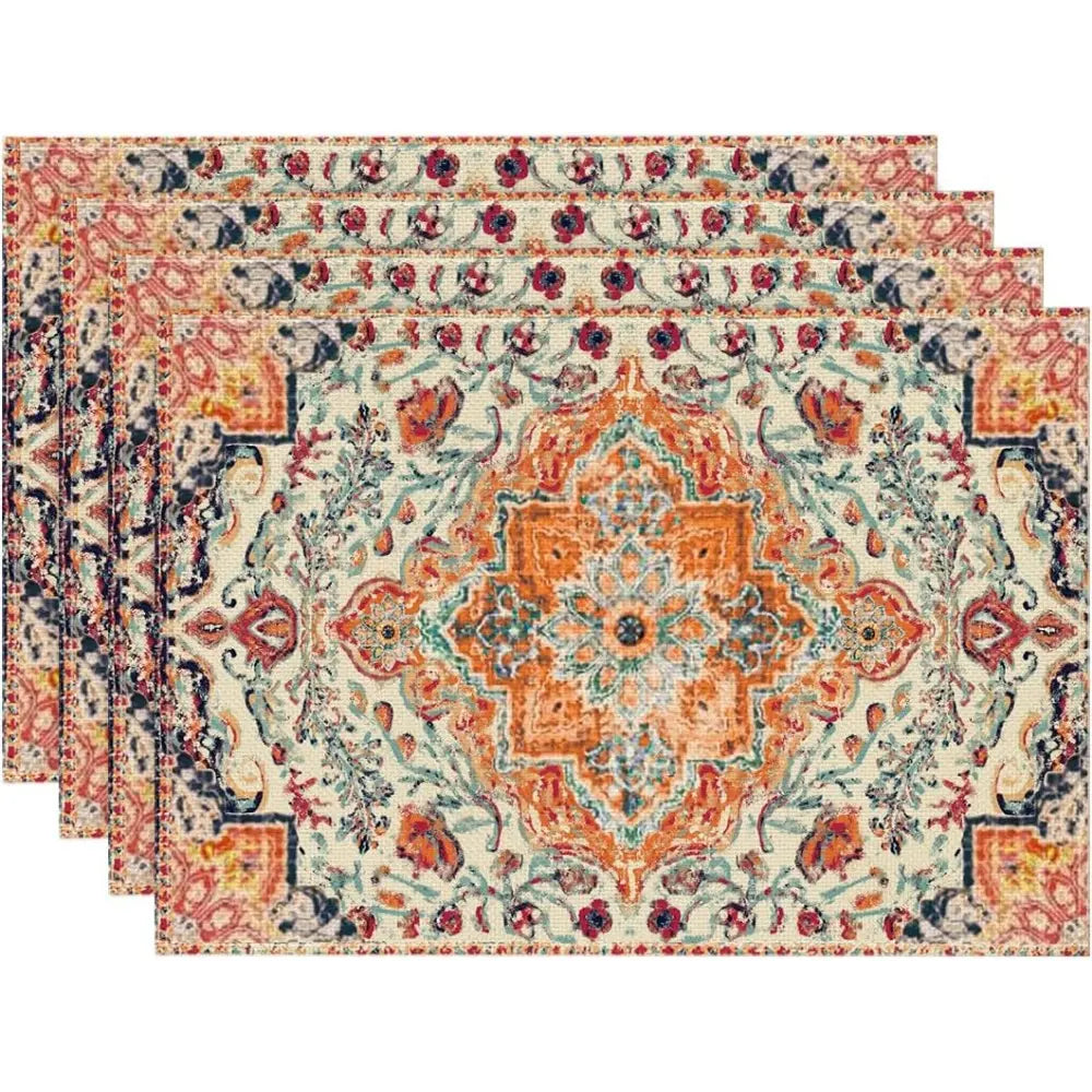 4-Piece Polyester Placemat & Coaster Set - Stylish Indoor Bohemian Colorful 12x18" Vibrant Orange Teal Floral, Hemmed & Reinforced Edges, Stainproof, Wrinkle-Proof, Durable Kitchen Tableware for Home Receptions, Dining Decoration