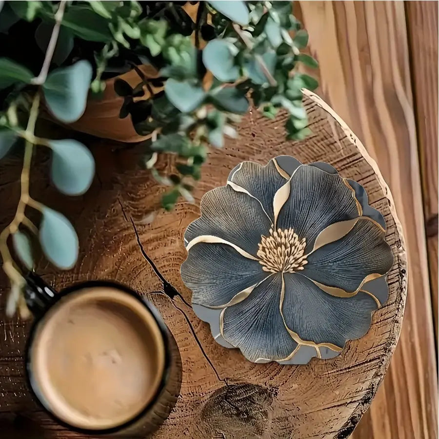 6PCS Minimalist Grey Flower Petal Wood Coasters Set – 4 Inch Round Non-Slip Heat Resistant Wooden Coasters for Drinks for Coffee Table & Shelf Decor – Modern Farmhouse Kitchen Dining Accent Tableware – Reclaimed Wood Home Decor