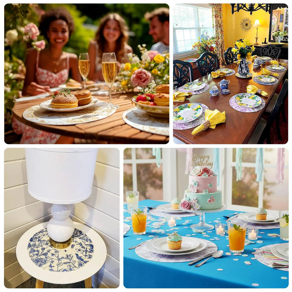 10-Pack Disposable Cardboard Placemats - French Toile Print, 13in Matte White/Blue, Disposable Coasters Included for Banquets, Home Dinners, Wedding Events