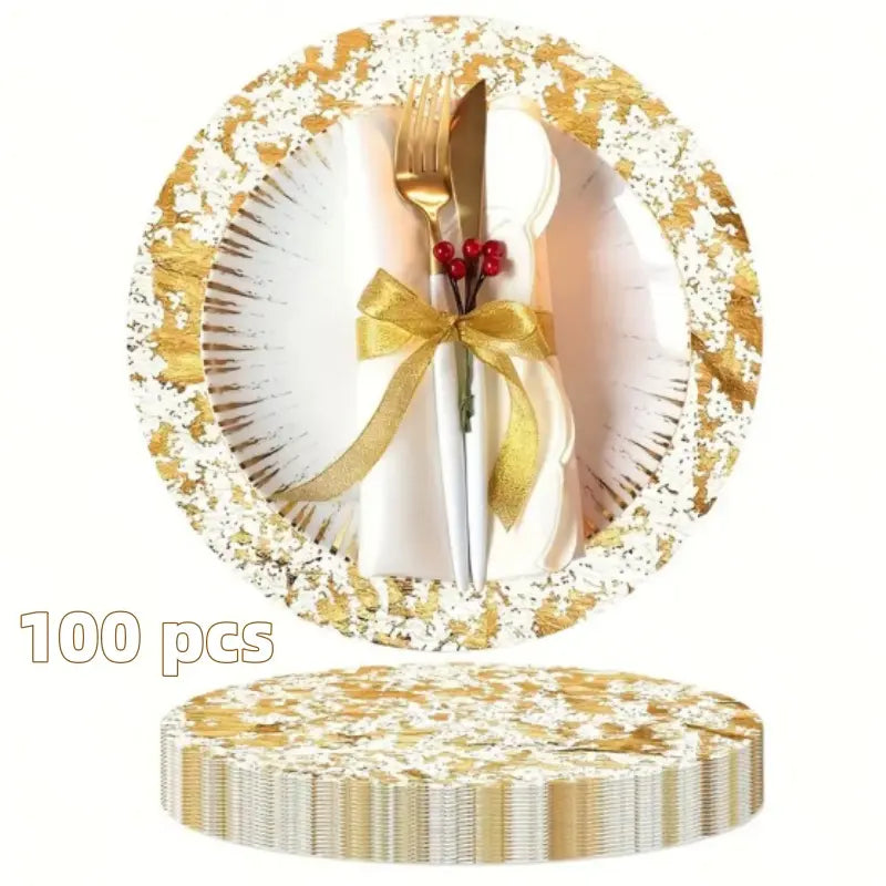 100-Piece Elegant Glam Gold Sheen Disposable Round Placemats - 13in/33cm Gold Foil Shimmer Polyester Table Mats, 1-Time Use Keeps Table Prep Simple, Home/Festive Party Decor for Wedding, Formal/Everyday Use