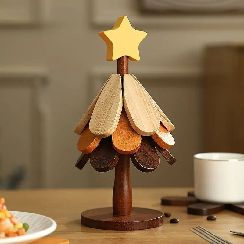 Star Style 3-Layer Insulation Solid Wood Trivet Set - 5 Trivets & 1 Stand, Insulated, Heat-Resistant, Foldable, Durable, Decorative Pad for Hot Dishes & Pots, Kitchen Decor, New Year Gift