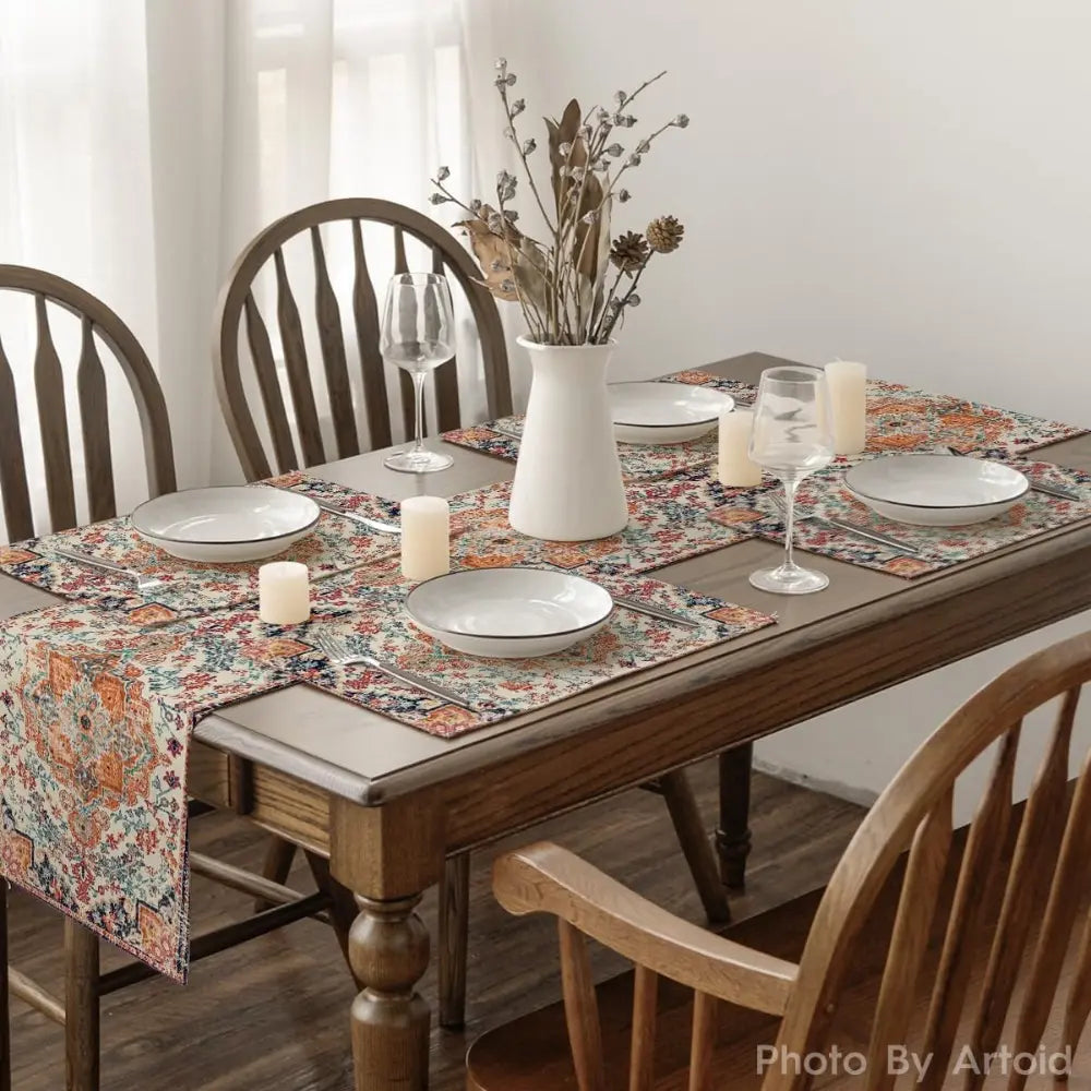 4-Piece Polyester Placemat & Coaster Set - Stylish Indoor Bohemian Colorful 12x18" Vibrant Orange Teal Floral, Hemmed & Reinforced Edges, Stainproof, Wrinkle-Proof, Durable Kitchen Tableware for Home Receptions, Dining Decoration