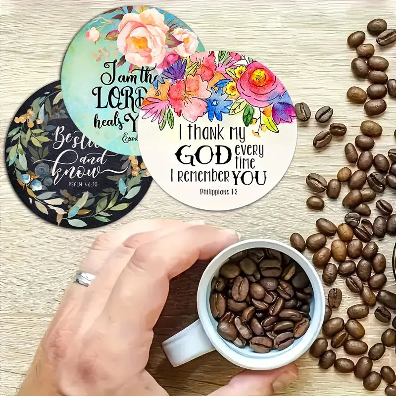 6-piece set of motivational wooden coasters - featuring Bible verses, faith, and spiritual patterns, perfect for coffee, tea, and beverages - perfect for home decor and housewarming gifts Round Coaster Coasters For Drinks