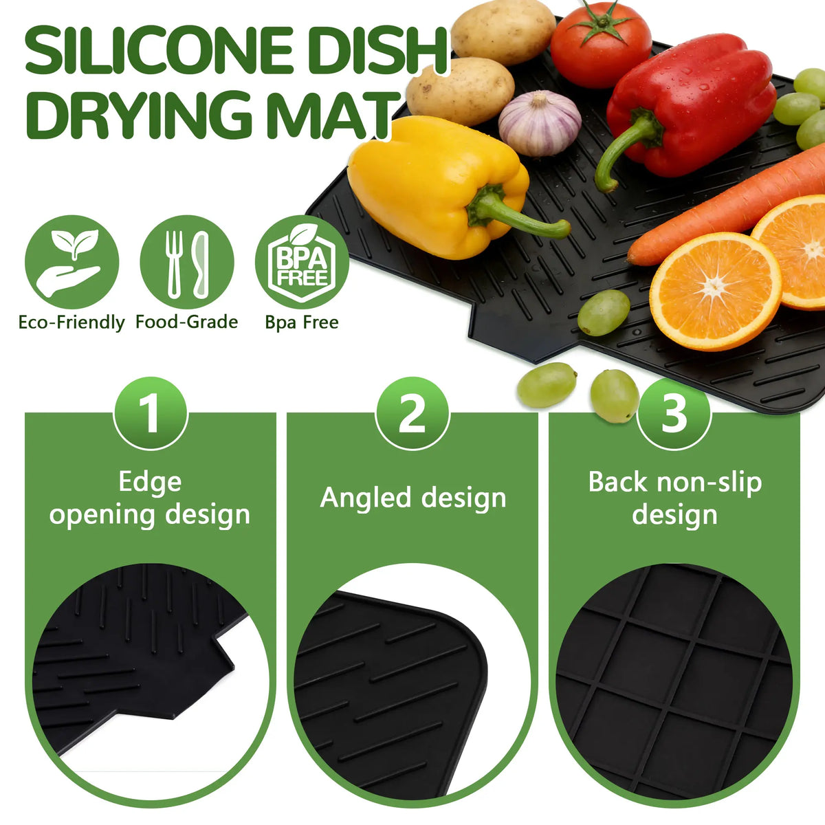 23x17in Modern Rectangle Silicone Dish Drying Mat with Matching Soap Dish Set, Sturdy Gray Desk Counter Protector, Waterproof Heat Resistant Indoor Tableware Organizer with Built-in Drain Lip, Dishwasher Safe (Hand Cleanable)