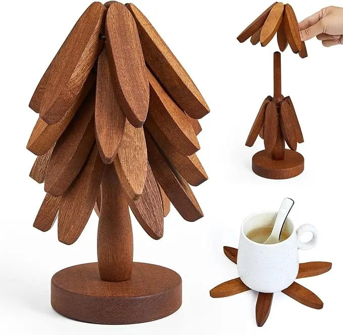 Natural Bamboo Wooden Foldable Trivet Set - 4 Tree Shape Trivets + 1 Stand, Heat Resistant Tableware Coasters for Hot Dishes & Pots, Holiday Gift Kitchenware, Set Includes Unfolded Size Details