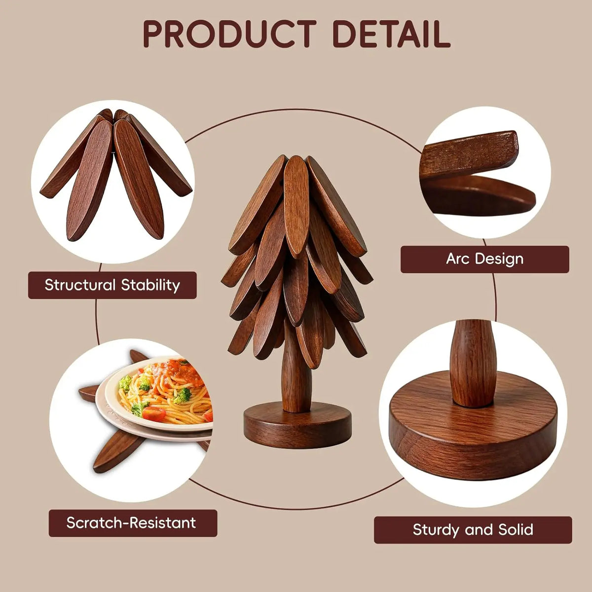 Natural Wood Tree Shape Trivets Set - Heat-Resistant Kitchen Tableware Mats, Foldable Coasters for Hot Dishes, Hot Pots, Holds Cups & Pans, Counter Protection, Holiday Gift