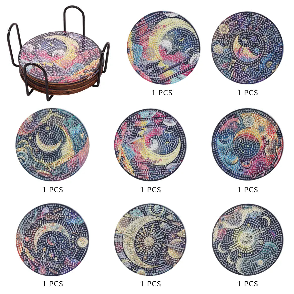 8Pcs/Set Mystical Moon Diamond Art Coasters with Holder,Mystical Moon DIY Coasters for Beginners,Adults,Students,Diamond Art Crafts Supplies,Christmas Party Gifts,Hand Tools Kits