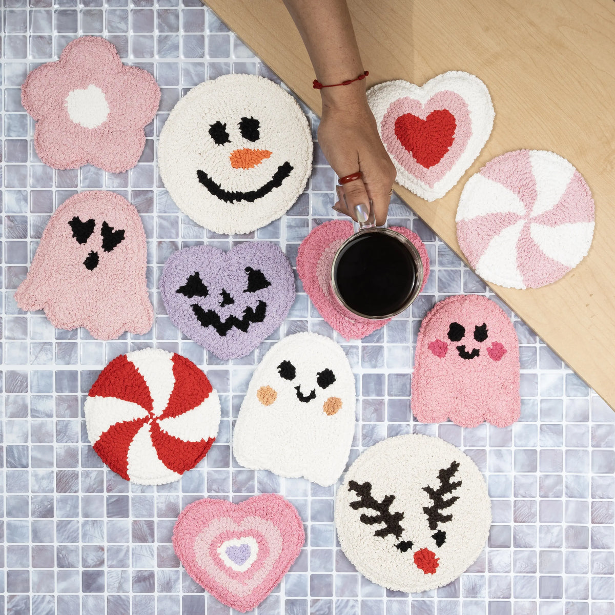 SIP-SIP HOORAY! Thick Cute Round Mug Rug Coasters for Drinks - Retro Blush Pink Daisy, Animals, Ghost, Pumpkin & Halloween Styles Kitchen Tableware with Heart Accents for Nightstand